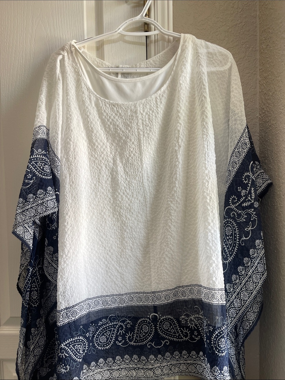 DKNY White Sheer Poncho Top with Blue, Baby Paisley Trim NEW /TAG